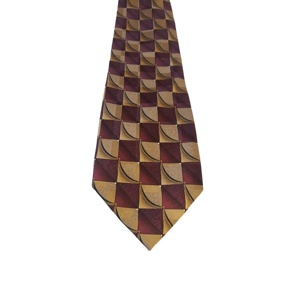 Facets Luxury 100% Silk Mens Neck Tie Geometric Squares Burgundy Gold Hand Sewn